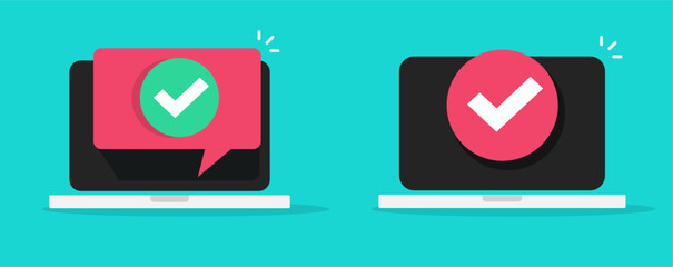Laptop check mark test validation tick online icon vector graphic, computer pc digital verification checkmark notice message, update system success complete, accept approve web clipart
