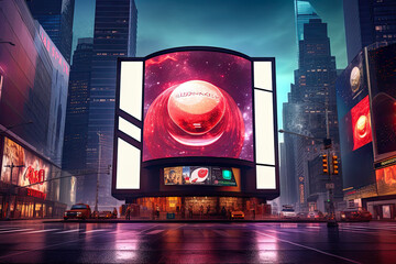 Advertising billboards in a futuristic city streets at night. Generative AI