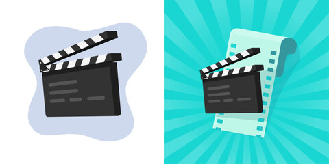 Movie icon with film clapperboard filmstrip vector 3d graphic illustration, clapper board action slate with cinema tape, clapboard isolated cartoon image clipart