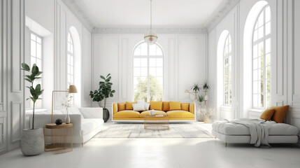 Minimalistic white interior with empty mock up poster. Generative Ai