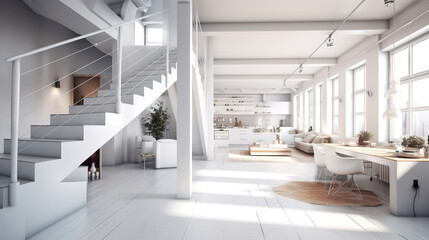 Modern white loft apartment interior panorama 3d render, Bright color. Generative Ai