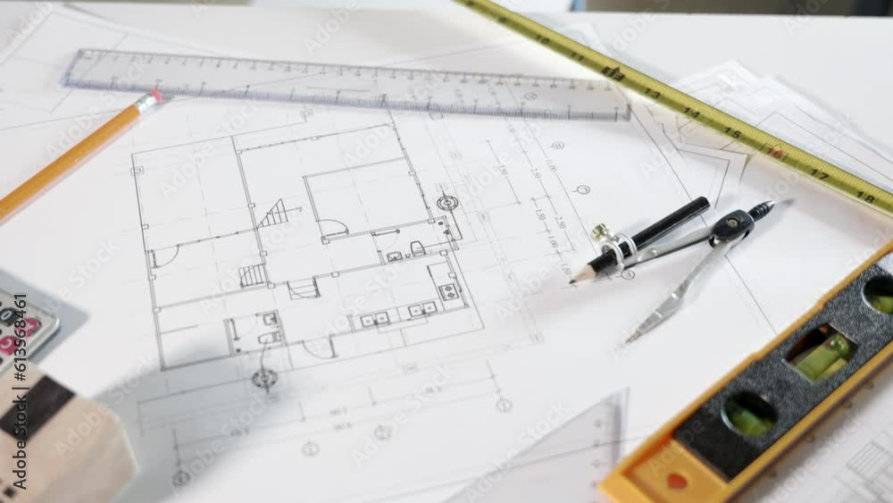 Poster architectural project workplace. top view of house plan blueprint paper with repair tools on table d