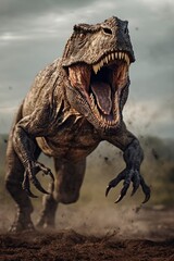 Roaring Tyannosaurus rex dinosaur running toward, created with generative AI