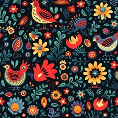Fototapeta premium Seamless pattern of Hungarian folklore motives, created with generative AI
