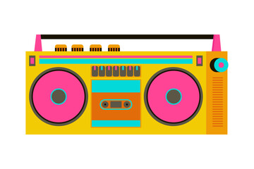 Retro cassette recorder. Music player. boombox 90s style. Back to 90s. Old fashioned vintage boombox. Nostalgia for 1990s, 2000s. Neon colors. Colorful vector illustration 