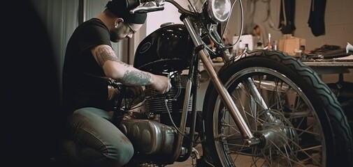 Standing in a repair shop, fixing a custom motorcycle. Generative AI