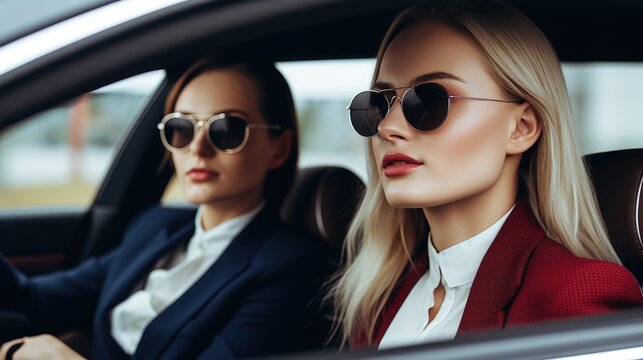 Women with natural facial features in a car in elegant business suit. Generative AI