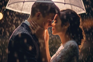 A close - up shot of a couple embracing under an umbrella in the rain. Generative AI