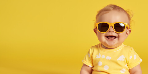 Funny baby wearing big sunglasses. Isolated on bright yellow background. Summer banner, copy space.