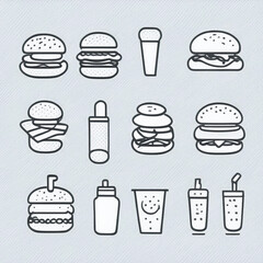 A set of fast food food, highlighted on a gray background. Cartoon fast food, unhealthy burger sandwich, hamburger, snacks from the restaurant menu.Illustration in a simple style