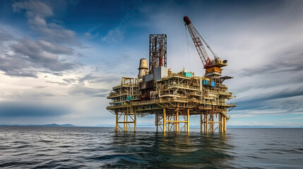 Offshore Platform Stands Tall Amidst the Vast Sea and Brooding Cloudy Sky. Generative AI