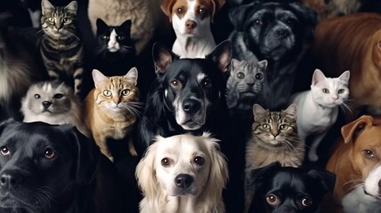 Numerous dogs and cats are observing the camera. The Generative AI - obrazy, fototapety, plakaty