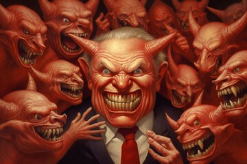 Bunch of greedy evil politics with devil like eyes and horns laughing Generative AI