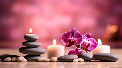 Fototapeta na wymiar Spa still life with spa stones, burning candles and orchid. Generative AI