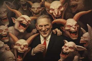 Bunch of greedy evil politics with devil like eyes and horns laughing Generative AI