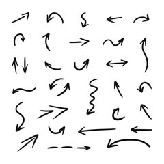 Hand drawn arrows collection Set simple flat arrows isolated on white background. Arrow mark icons and arrow paint. Stock vector. EPS10.