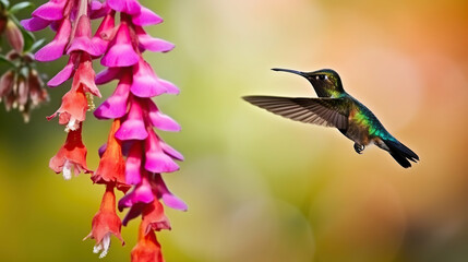 Hummingbird with pink bloom in forest habitat. Colibri thalassinus, flying in the nature tropical wood habitat, red flowe. Generative AI