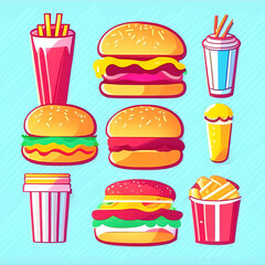 Color set of fast food food, highlighted on a blue background. Cartoon fast food, unhealthy burger sandwich, hamburger, snacks from the restaurant menu.Illustration in a simple style