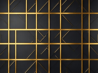 Luxury abstract black metal background with golden light lines. Dark 3d geometric texture illustration. Bright grid pattern. Pure black horizontal banner wallpaper.   ai generate