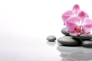 Fototapeta na wymiar Pink orchid and spa stones isolated. Spa and relaxation concept. High quality photo
