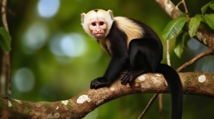 Obraz premium White-headed Capuchin, black monkey sitting on tree branch in the dark tropical forest. Generative AI