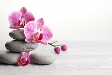 Pink orchid and spa stones isolated. Spa and relaxation concept. High quality photo