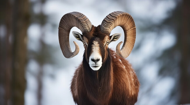 Mouflon, Ovis orientalis, forest horned animal in nature habitat. Close-up portrait of mammal with big horns, Generative AI
