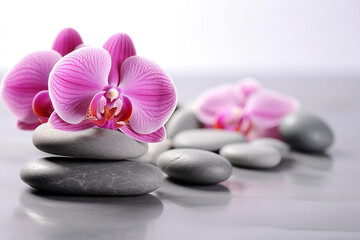 Fototapeta na wymiar Pink orchid and spa stones isolated. Spa and relaxation concept. High quality photo