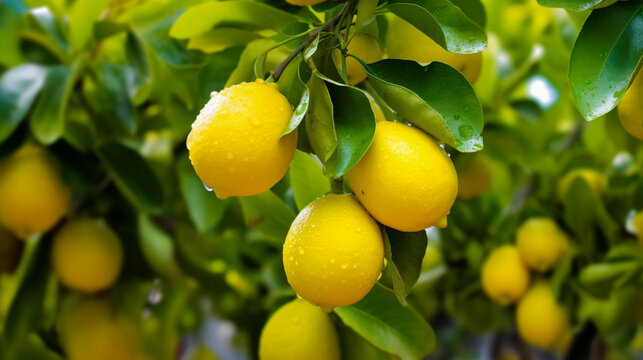 Lemon tree with yellow lemons on the branch in lemon farm field,selective focus.Healthy food concept,organic fruits and vegetables.