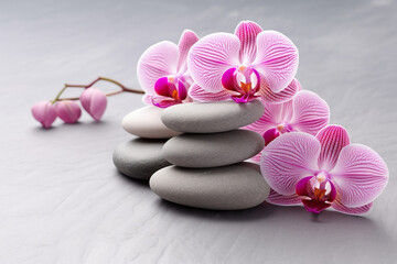 Pink orchid and spa stones isolated. Spa and relaxation concept. High quality photo