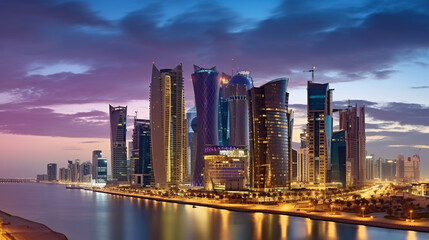 Fototapeta na wymiar Panorama of the city center of Doha, during a cloudy sunset, Generative AI