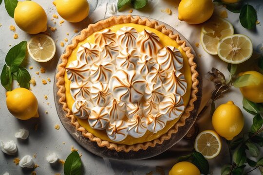 Delicious Lemon Meringue Pie. Top view. Generative AI.