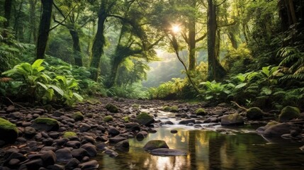 A lush forest in Fiji, with a serene river flowing through it. Generative AI