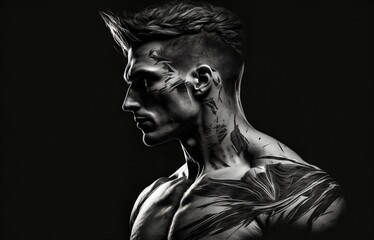 young man with many muscles in side profile created with Generative AI technology