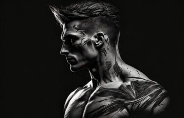Fototapeta premium young man with many muscles in side profile created with Generative AI technology