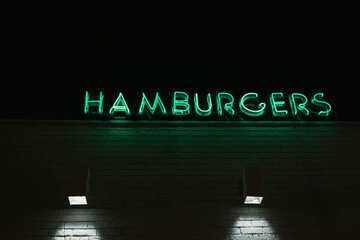 Hamburgers neon sign at night, White Mana Diner, Jersey City, New Jersey