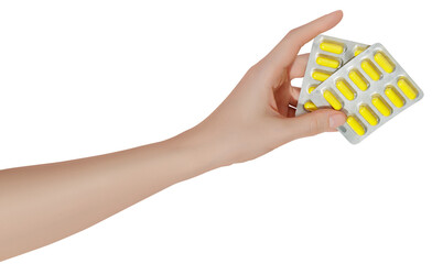 Hand holding pills in blister packs on a transparent background. Health care concept. 
