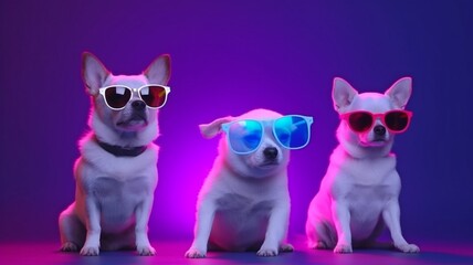 In a colorful neon light, a cool baby young DJ group of pets is enjoying some free space while listening to music. Generative AI
