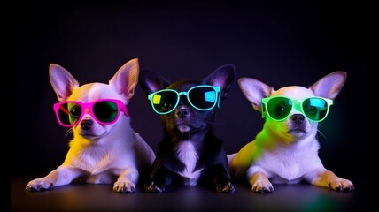 In a colorful neon light, a cool baby young DJ group of pets is enjoying some free space while listening to music. Generative AI - obrazy, fototapety, plakaty