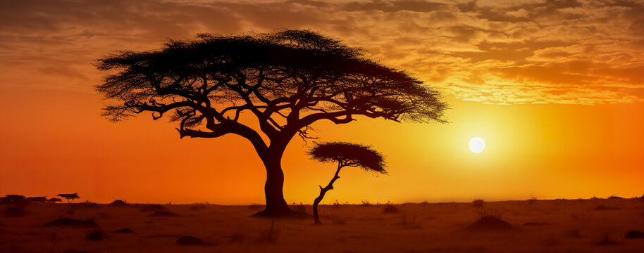 Fototapeta An African safari animal silhouette landscape scene. Generative AI