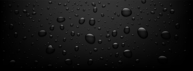 Rain water drop bubble vector background. Condensation water drops on black glass background. Abstract wet texture, rain water drop pattern. Vector illustration