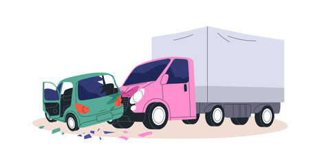 Side collision of two autos on road. Truck hitting and damaging passenger car in traffic accident. Transport vehicles crash, emergency situation. Flat vector illustration isolated on white background