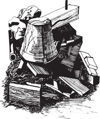 A country motif with a bucket, firewood, logs in the grass. Graphic illustration, hand-drawn in black liner. It is made on the contrast of tone spots. Translated into a vector image