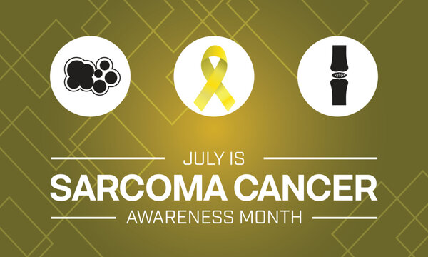 Sarcoma Cancer Awareness Month design background with 3 elements, a yellow ribbon, cancer cell and bones symbol. Vector illustration