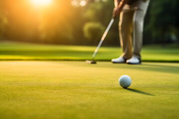 close up of a golfer intently focusing on a putt, capturing the concentration and precision required to sink the ball ai generated art