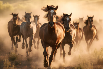 Fototapeta na wymiar Brown Horse herd run ai generated art