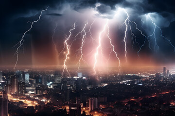 Fototapeta na wymiar Lightning storm over city ai generated art