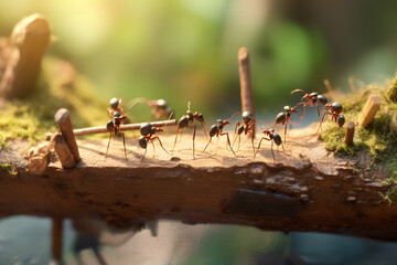 Team of ants work constructing bridge, teamwork ai generated art
