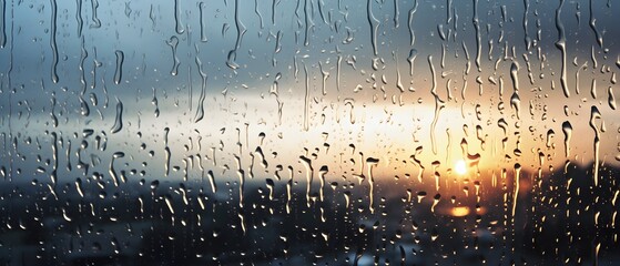 Une fenêtre recouverte de goûtes de pluie donnant sur le ciel