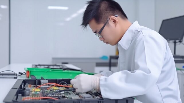In a lab, an engineer or technician works with an EV car battery cells module.Generative AI